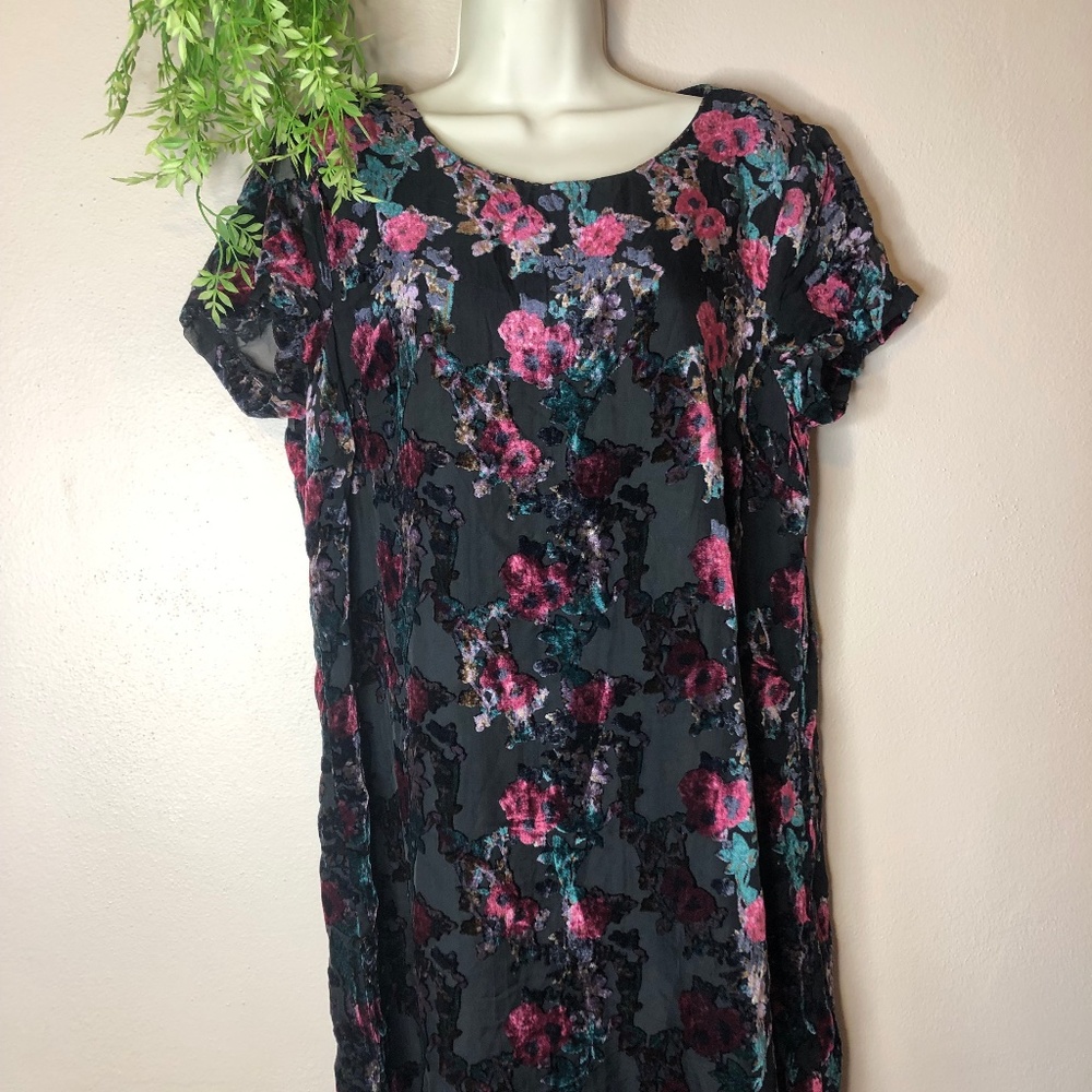 Velvet Floral Shift Dress Grunge Boho Knee Length Women's Cap Sheer Sleeve